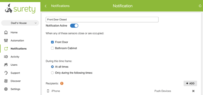 Alarm.com Door Closed Notification