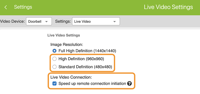 Doorbell Live Video Settings